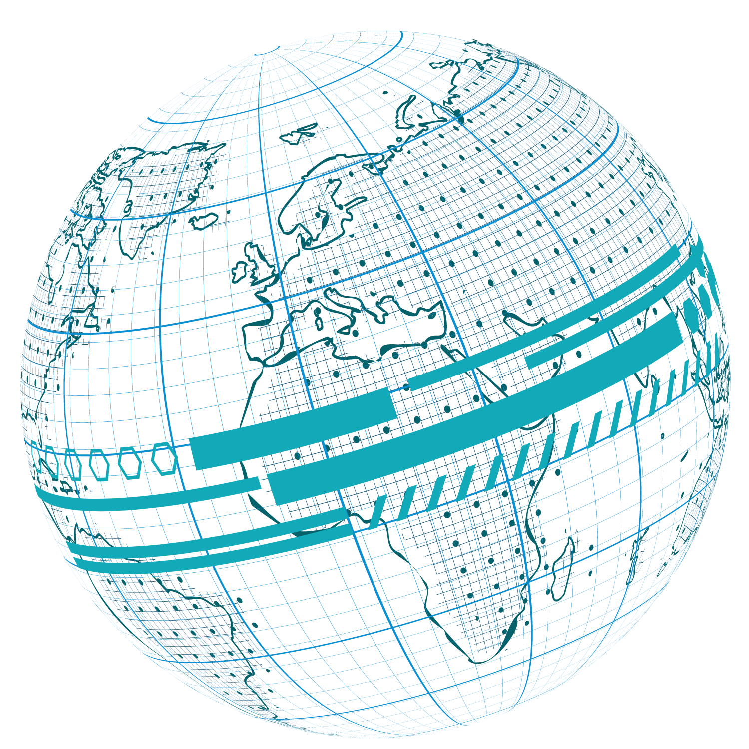 A blue globe featuring intricate lines, symbolizing global connections and geographical features.