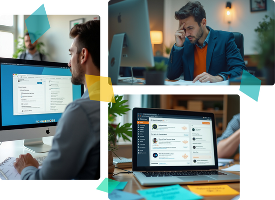 A collage depicting individuals focused on their computers, highlighting the challenges of managing a WordPress site efficiently.