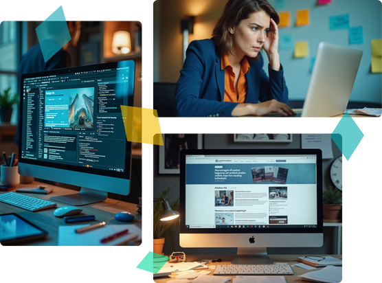 A woman focuses on her computer feeling stressed as her website is incomplete and not working properly.