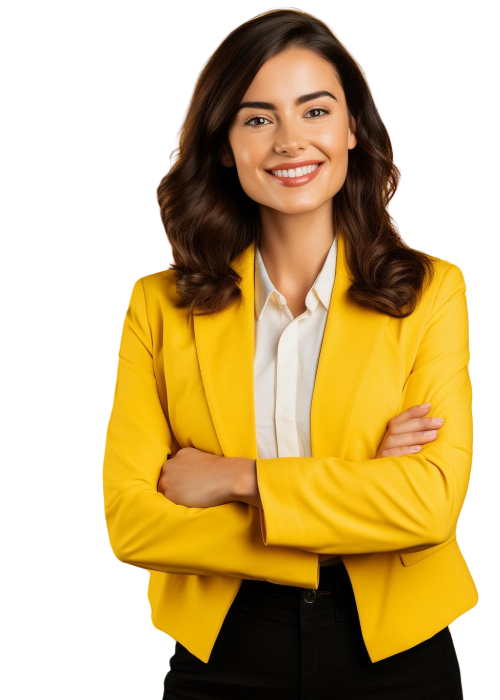 A woman wearing a yellow suit paired with a white shirt, exuding confidence in her attire.