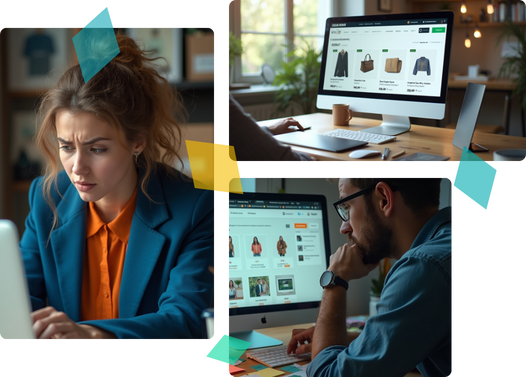 Three visuals of professionals using computers, tackling challenges in e-commerce website setup and product updates.