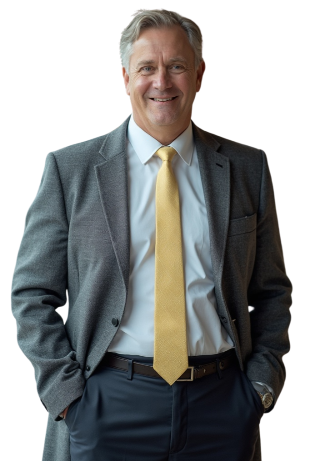  A man in a suit and tie stands confidently with his hands on his hips, exuding professionalism and authority.