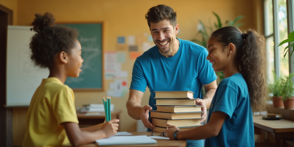 A TechWebsters team member donating books to the kids in the classroom with a smile.