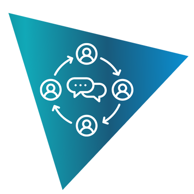 The icon of communication is displayed within a triangular shape, emphasizing its modern and dynamic design.