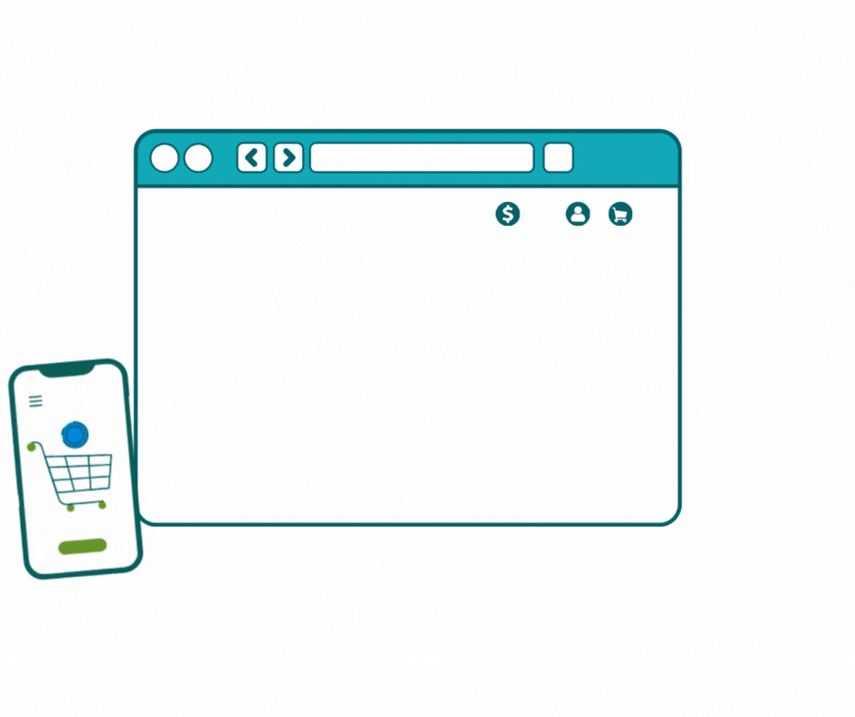 A smartphone and a computer monitor display a shopping cart, symbolizing online shopping and e-commerce.