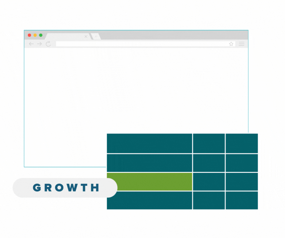 A digital screen displaying the word growth alongside a column chart and a pie chart, symbolizing SEO performance.