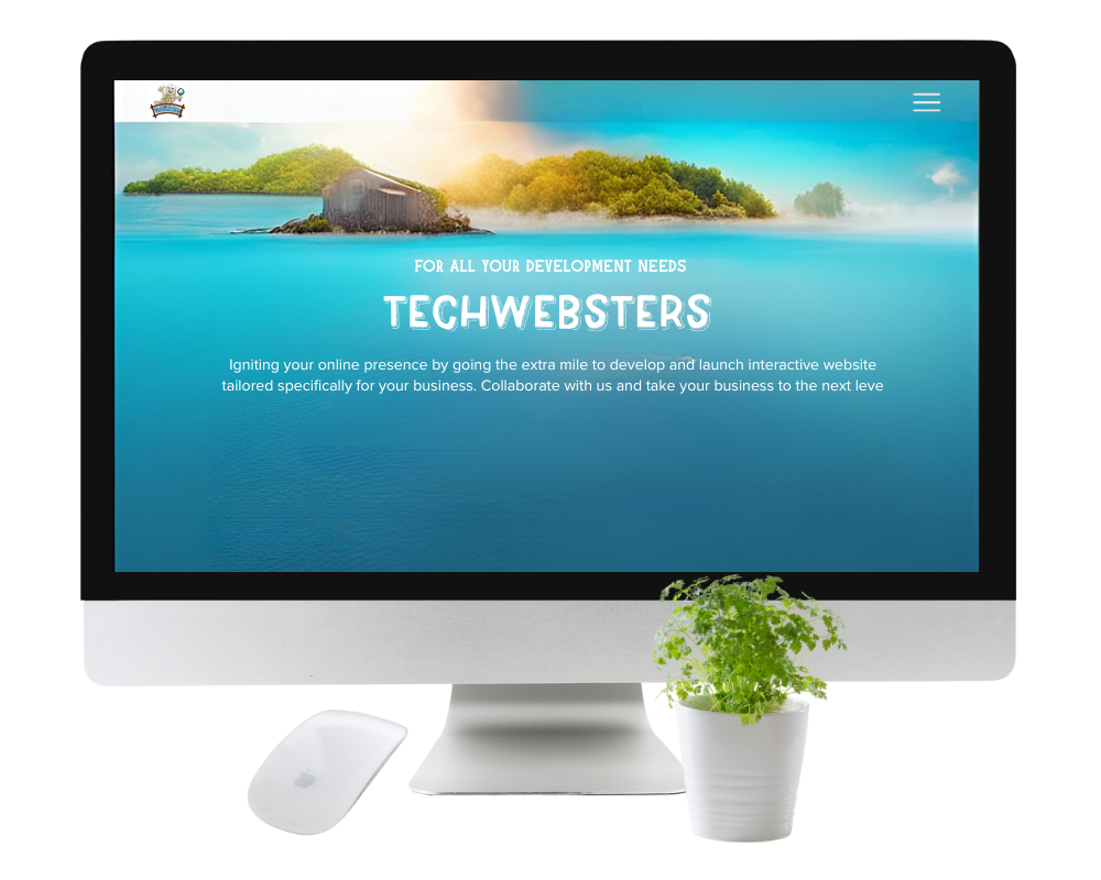 A computer screen showcases a webpage design with FOR ALL YOUR DEVELOPMENT NEEDS and TECHWEBSTERS, highlighting their status as a leading web design agency. Nearby, a mouse and potted plant add charm to the workspace.