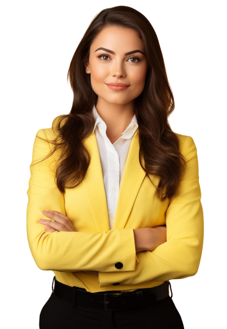 A businesswoman wearing a yellow jacket, confidently standing with arms crossed, exuding professionalism and style.