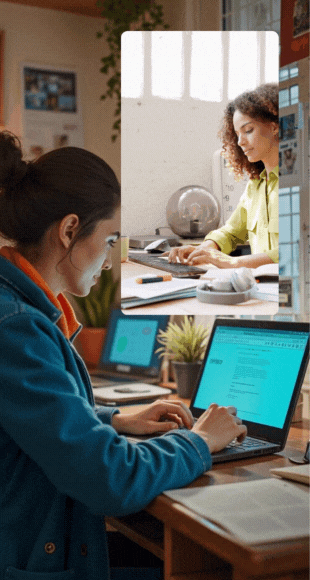 A woman focused on her laptop, with natural light illuminating her workspace while she is writing content for a website.