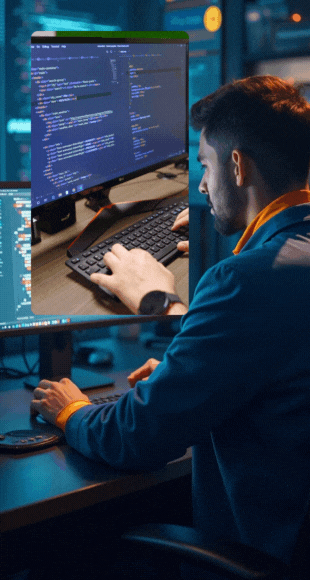 A man in a suit engages in a video chat on his laptop, showcasing a professional web design environment.