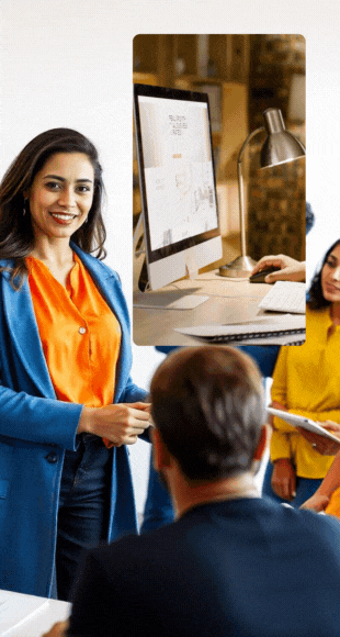 A woman speaks with the team in the office, focusing on the details of website testing and its upcoming launch.