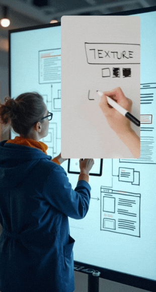 A woman engaged in wireframing, diligently writing on a whiteboard with markers, illustrating her design ideas.