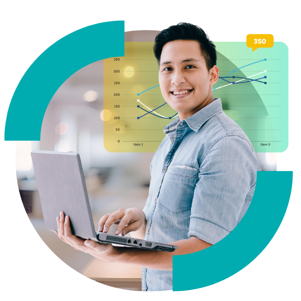 A man with a laptop showing a graph, representing data insights related to web design.