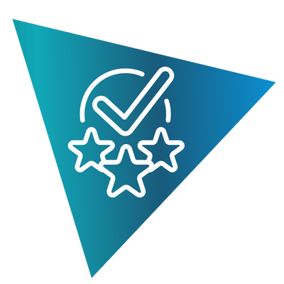 A blue triangle featuring three stars and a checkmark, symbolizing credibility.