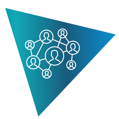A triangle shape with individuals linked together, symbolizing connection and collaboration among people.