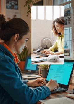 A woman focused on her laptop, with natural light illuminating her workspace while she is writing content for a website.
