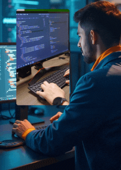 A man focused on a computer screen displaying code, engaged in web development tasks