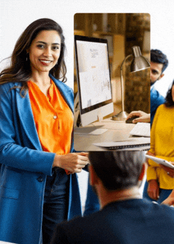 A woman speaks with the team in the office, focusing on the details of website testing and its upcoming launch.