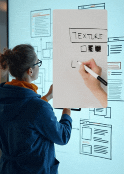 A woman engaged in wireframing, diligently writing on a whiteboard with markers, illustrating her design ideas.